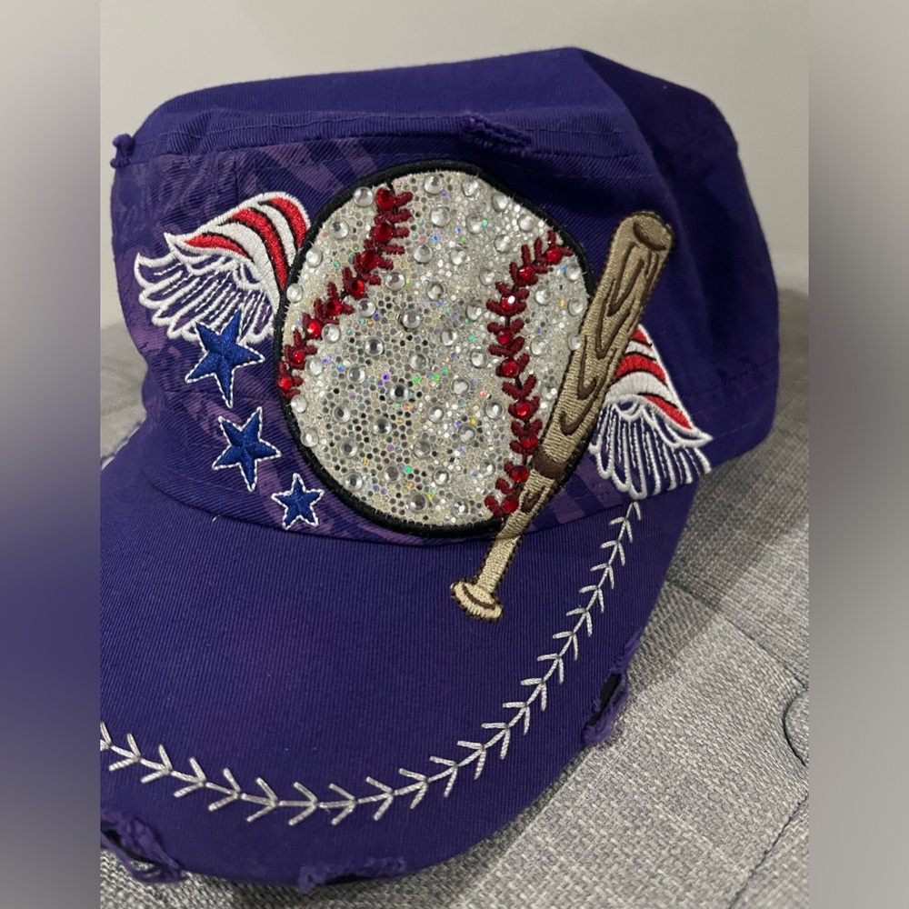 Leader 100% Cotton Tattered-Look Purple Womens Bedazzled Baseball Hat